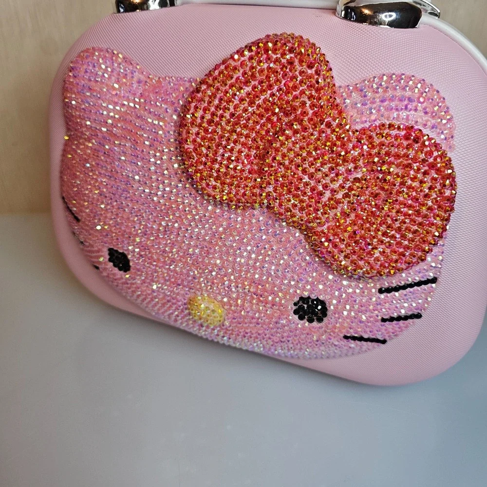 NEW HELLO KITTY Pink Water Diamond Makeup Travel Case Cosmetic Bag Hardshell